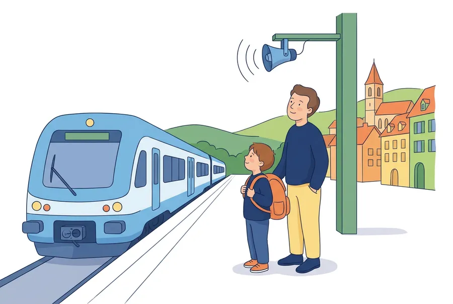 Ein Junge mit Rucksack und sein Vater hören auf dem Bahnsteig eine Durchsage, ein Regionalzug fährt ein, dahinter Hügel und die Altstadt.