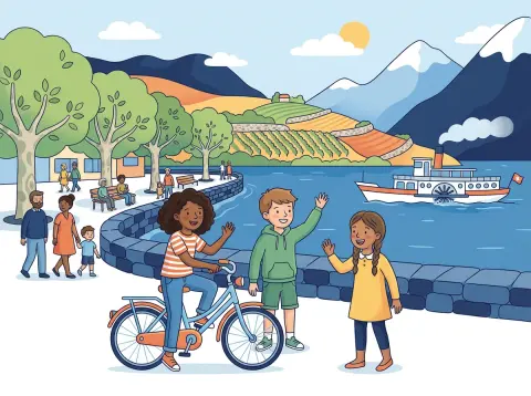 Uhrzeit auf Französisch: Kinder treffen sich an einem sonnigen Nachmittag an der Seepromenade am Genfersee, ein Mädchen kommt mit dem Velo, auf dem See fährt ein Dampfschiff.