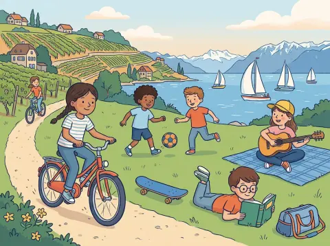 Freizeit und Hobbys auf Französisch: Kinder verbringen einen sonnigen Nachmittag am Genfersee: Zwei fahren Velo, zwei spielen Fussball, ein Mädchen spielt Gitarre, ein Knabe liest im Gras.