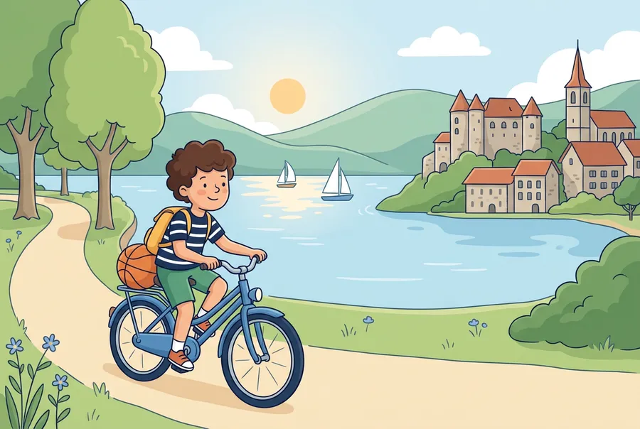Ein Knabe fährt mit dem Velo auf einem Uferweg am Neuenburgersee, auf dem Gepäckträger liegt ein Basketball, im Hintergrund die Altstadt und die Jurahügel.