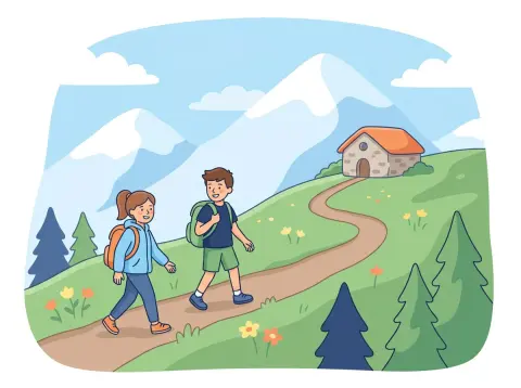 Funktionen, Wertetabellen und Graphen: Zwei Jugendliche wandern auf einem Bergweg in den Schweizer Alpen bergauf, im Hintergrund Gipfel und eine Hütte.