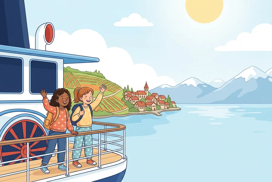 Zwei Mädchen stehen an Deck eines weissen Raddampfers auf dem Genfersee und winken, im Hintergrund Rebberge und Berge.