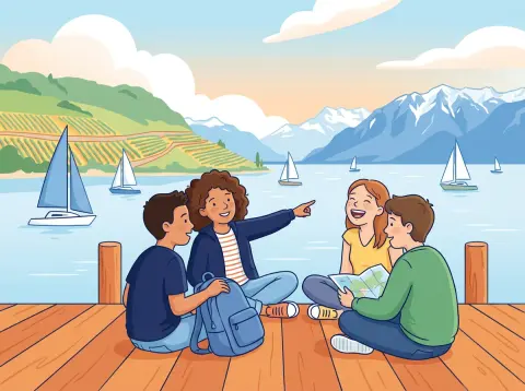 Futur proche: Jugendliche sitzen auf einem Holzsteg am Genfersee und planen gemeinsam ihr Wochenende, im Hintergrund Segelboote und Berge.