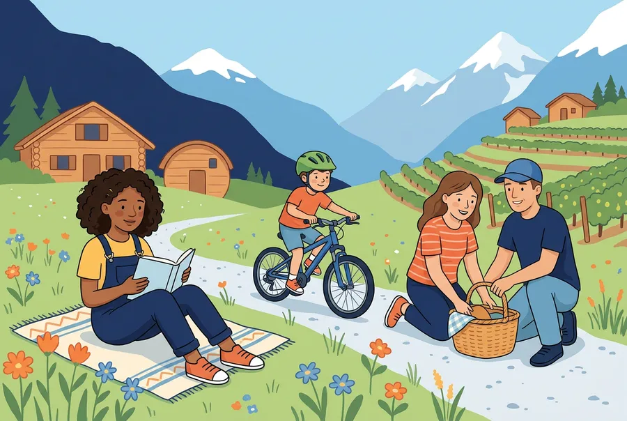 Eine Familie macht Sommerferien in einem Walliser Bergtal: Ein Mädchen liest auf einer Picknickdecke, ihr jüngerer Bruder fährt Velo.