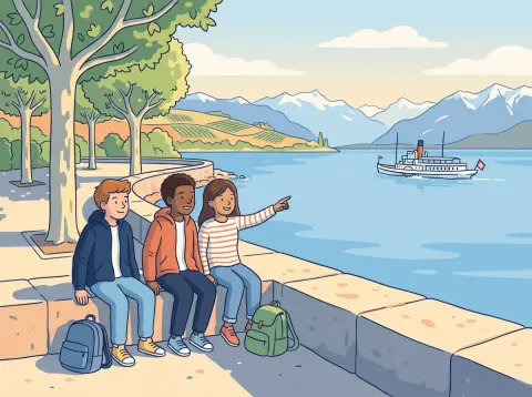 Futur simple: Drei Jugendliche sitzen am Ufer des Genfersees auf einer Mauer, schauen auf ein Dampfschiff und die Berge und träumen von der Zukunft.