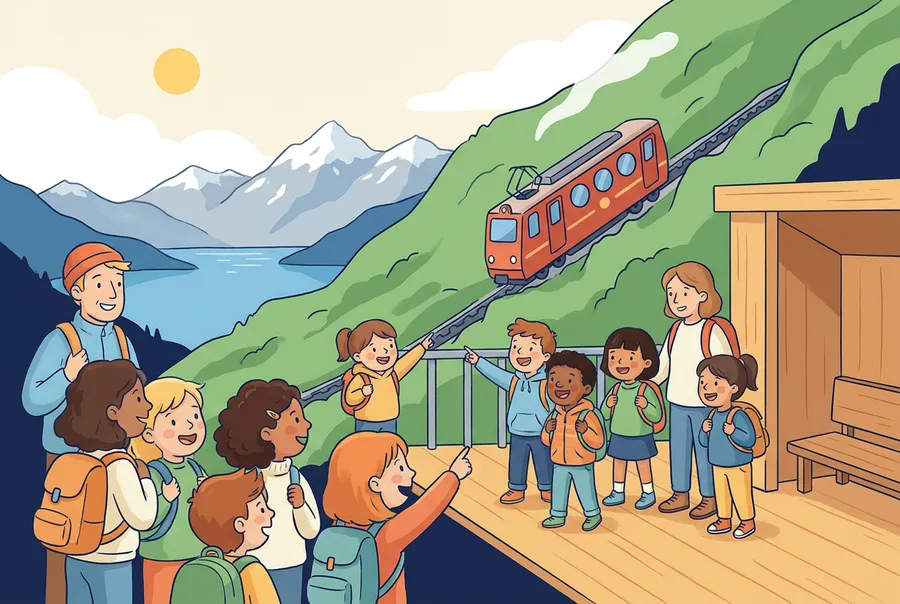 Eine Schulklasse mit Rucksäcken wartet an einer Bergstation, dahinter fährt eine rote Zahnradbahn steil den Berg hinauf.