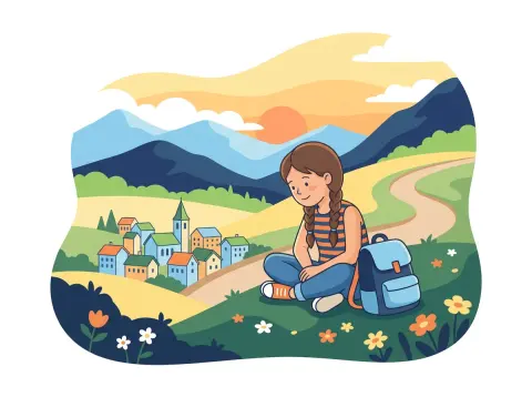 Futur und Plusquamperfekt: Ein Mädchen sitzt am Abend auf einer Wiese über einem Schweizer Dorf, schaut ins Tal und denkt über den Tag nach.