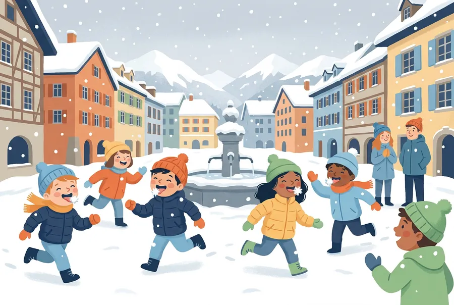 Kinder rennen jubelnd über einen verschneiten Platz in einer Bündner Altstadt, die Dächer sind weiss, es fallen dicke Flocken.