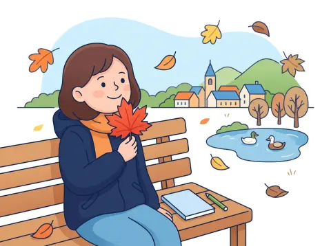 Gedichte schreiben (Elfchen, Rondell): Ein Mädchen sitzt im Herbst auf einer Parkbank, hält ein buntes Ahornblatt in die Höhe und denkt sich ein Gedicht aus.