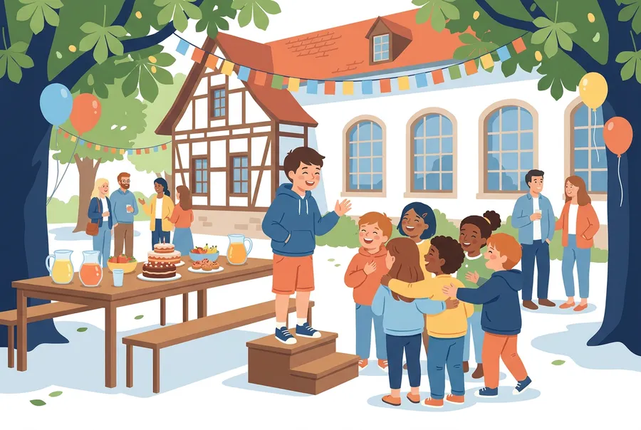 Kinder feiern auf einem Schulhausplatz den Abschied der Primarschule mit Girlanden, Kuchen und Umarmungen.