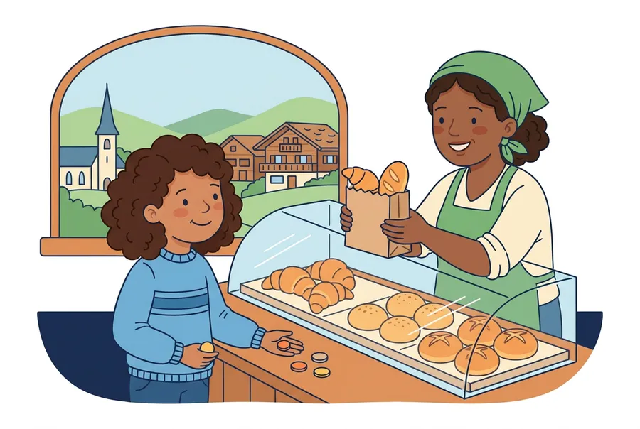 Ein Mädchen legt in einer kleinen Bäckerei Münzen auf die Theke, die Bäckerin reicht ihm eine Tüte mit Gipfeli und Brötli.