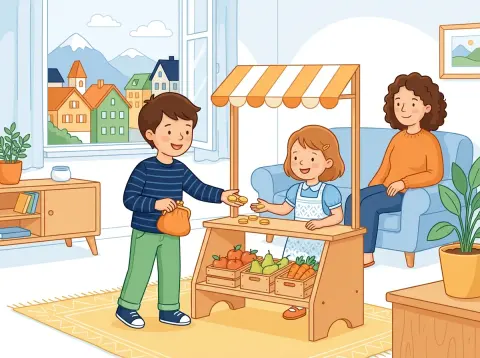Rechnen mit Geld: Franken und Rappen: Zwei Kinder spielen zu Hause Einkaufen an einem kleinen Holz-Marktstand mit Spielzeug-Früchten, die Mutter schaut lächelnd zu.