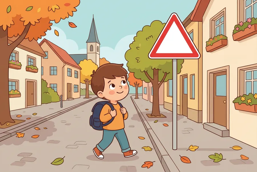 Ein Junge mit Schulthek geht an einer ruhigen Strasse entlang und schaut zu einer dreieckigen Verkehrstafel hoch.