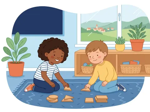 Geometrische Formen: Kreis, Dreieck, Quadrat, Rechteck: Zwei Kinder knien auf dem Teppich im Schulzimmer und sortieren Holzformen: Kreise, Dreiecke und Vierecke.