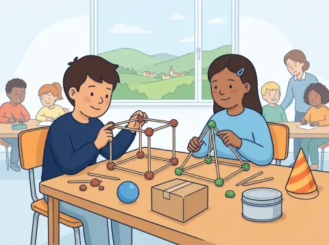 Geometrische Körper: Würfel, Quader, Zylinder, Pyramide: Zwei Kinder bauen am Tisch Körper aus Holzstäbchen und Knetkugeln, daneben liegen ein Ball, eine Schachtel und eine Dose.