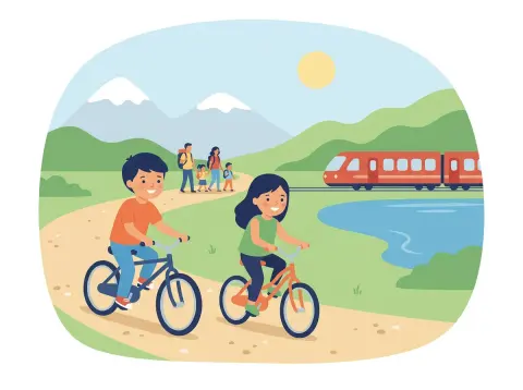 Geschwindigkeit, Weg und Zeit: Kinder fahren Velo und wandern auf einem Weg, daneben fährt ein roter Zug durch eine Schweizer Hügellandschaft.
