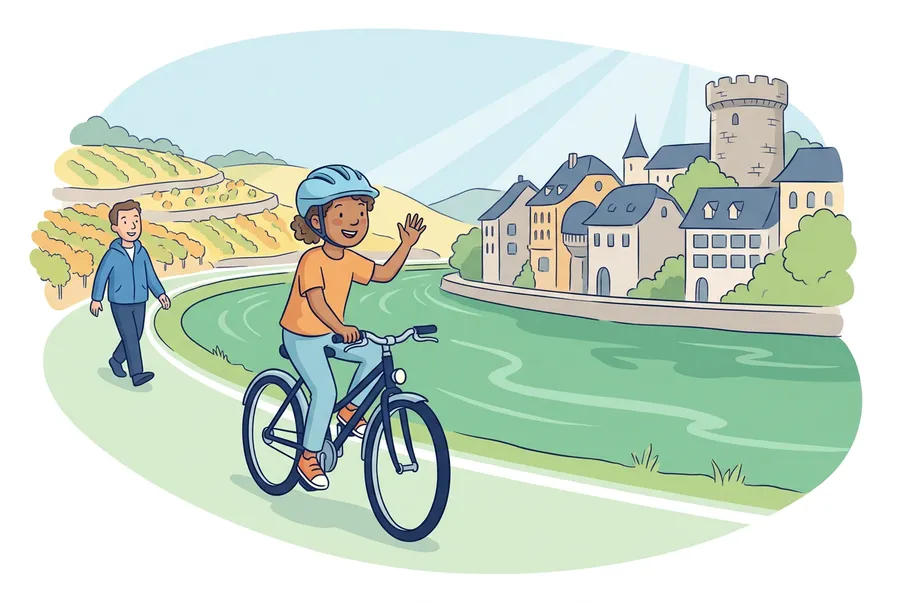 Ein Mädchen fährt mit dem Velo auf einem Radweg dem Rhein entlang, im Hintergrund Weinberge.