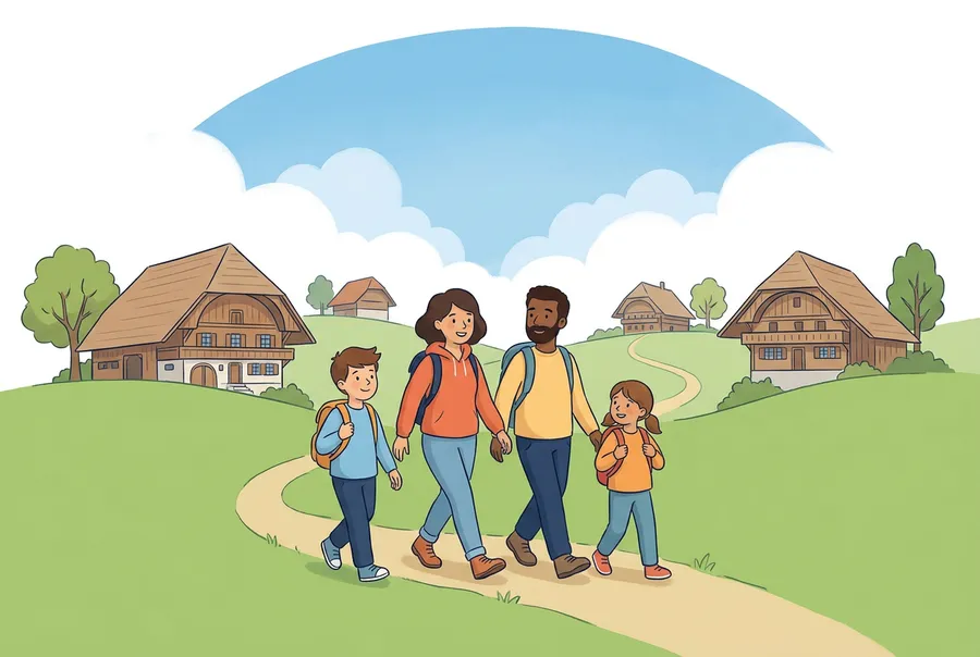 Eine Familie mit zwei Kindern wandert mit Rucksäcken über eine hügelige Wiese mit Bauernhäusern.