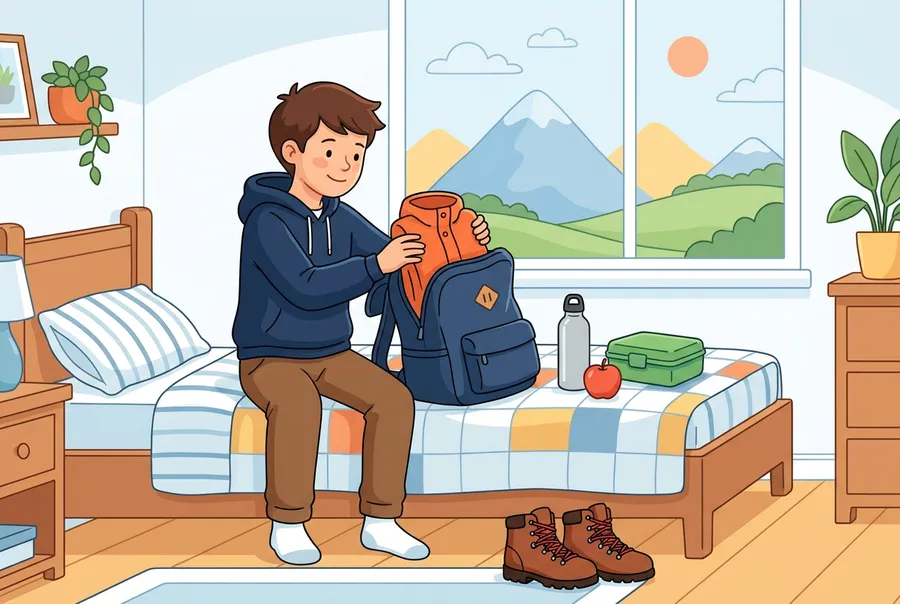 Ein Junge packt auf seinem Bett den Rucksack für die Schulreise: Trinkflasche, Znünibox und Regenjacke liegen bereit.