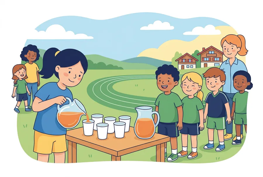 Auf einer Wiese am Sporttag giesst ein Mädchen Sirup aus einem Krug in Becher, andere Kinder in Sportkleidern warten.