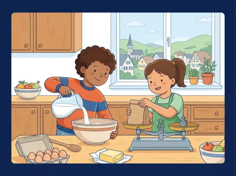 Gewichte und Hohlmasse umrechnen: Zwei Kinder backen in der Küche: Eines giesst Milch aus einem Krug in eine Schüssel, das andere legt ein Paket Mehl auf eine Balkenwaage.