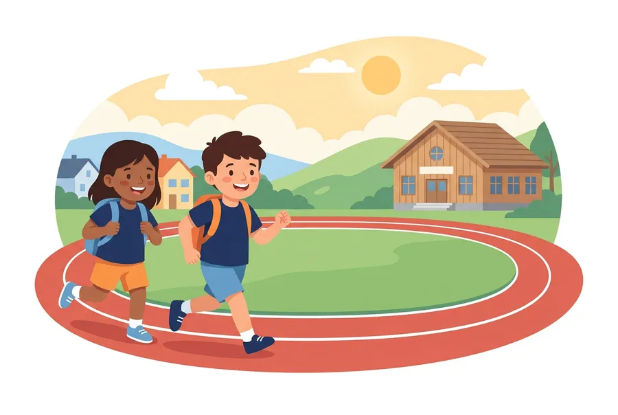Ein Mädchen und ein Junge laufen auf einer roten Rundbahn neben einem Schulhaus, im Hintergrund Hügel.