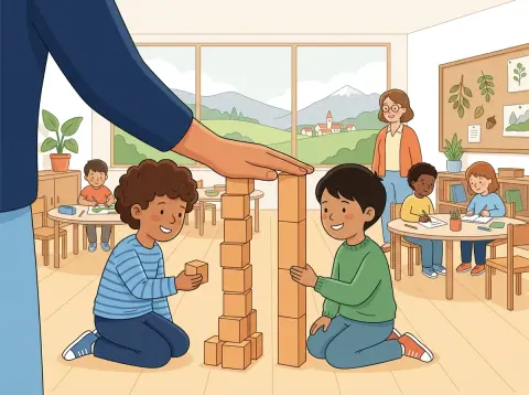 Grösster gemeinsamer Teiler und kleinstes gemeinsames Vielfaches: Zwei Kinder bauen im Schulzimmer zwei Türme aus kleinen und aus hohen Holzklötzen. Eine Hand liegt auf beiden und zeigt: Sie sind gleich hoch.
