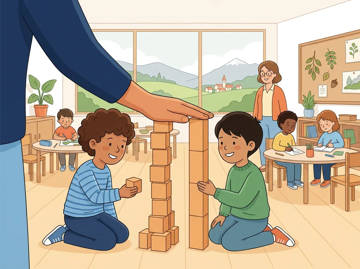 Zwei Kinder bauen im Schulzimmer zwei Türme aus kleinen und aus hohen Holzklötzen. Eine Hand liegt auf beiden und zeigt: Sie sind gleich hoch.