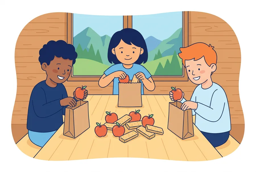 Drei Kinder packen an einem langen Holztisch in einem Lagerhaus Äpfel und Riegel in gleiche Papiersäckli.