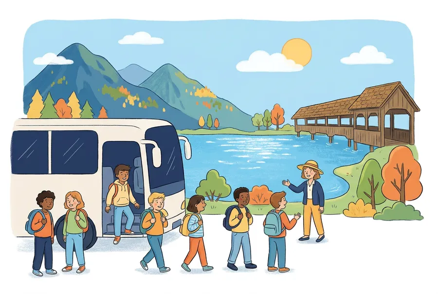 Eine Schulklasse steigt mit Rucksäcken aus einem Reisecar, im Hintergrund ein See und Berge.