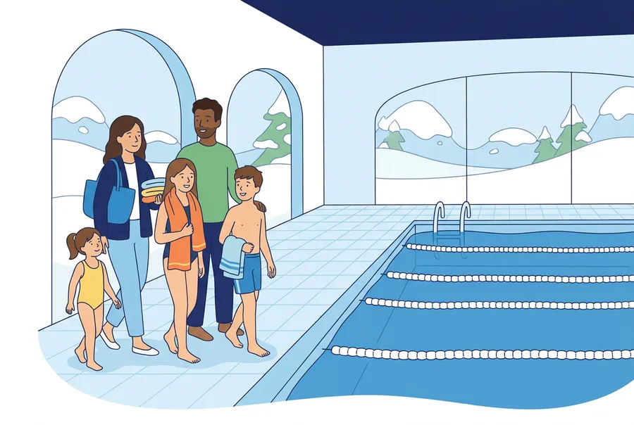Eine Familie mit drei Kindern betritt mit Badetüchern ein helles Hallenbad.