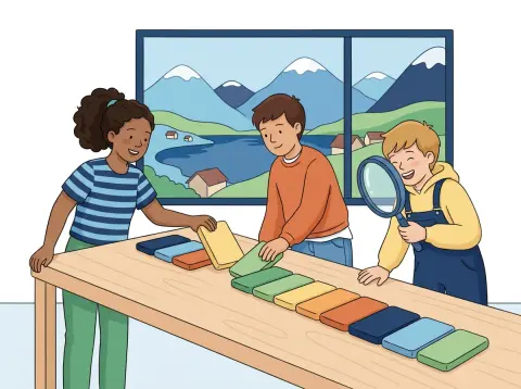 Grammatische Proben: Ersatz-, Verschiebe-, Weglassprobe: Drei Jugendliche bauen in einem Schulzimmer eine Reihe aus farbigen Plättchen um, einer schaut mit einer Lupe genau hin.