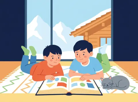 Gross- und Kleinschreibung: Zwei Kinder liegen im Wohnzimmer auf einem Teppich und schauen zusammen ein grosses Bilderbuch an. Neben ihnen schläft eine graue Katze.