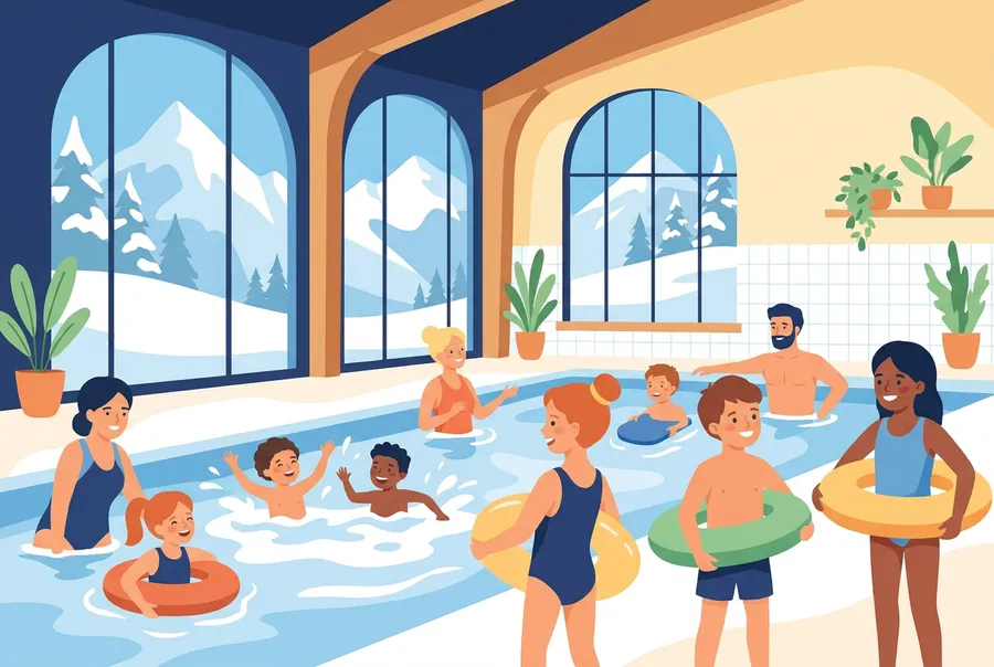 Kinder schwimmen und spielen in einem hellen Hallenbad, durch die grossen Fenster sieht man verschneite Berge.
