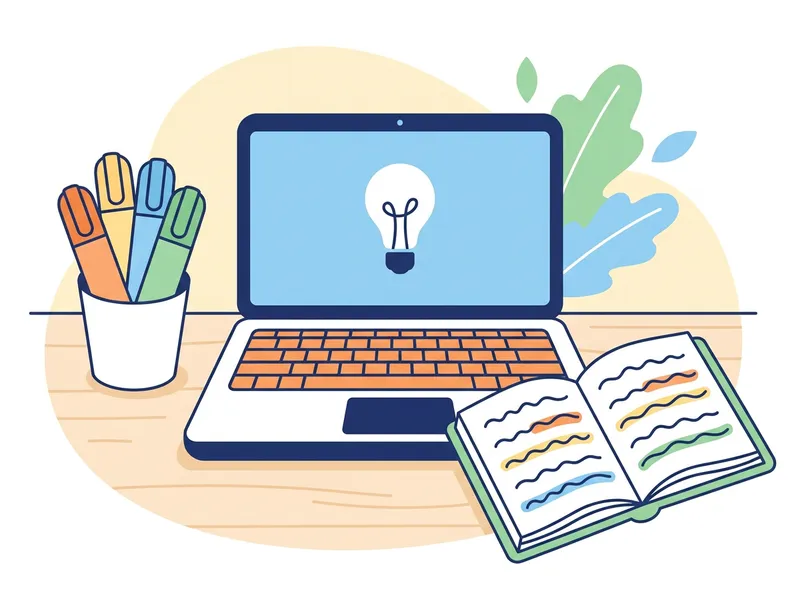 Grammatik: Ein Laptop, Leuchtstifte und ein Heft mit farbig markierten Zeilen