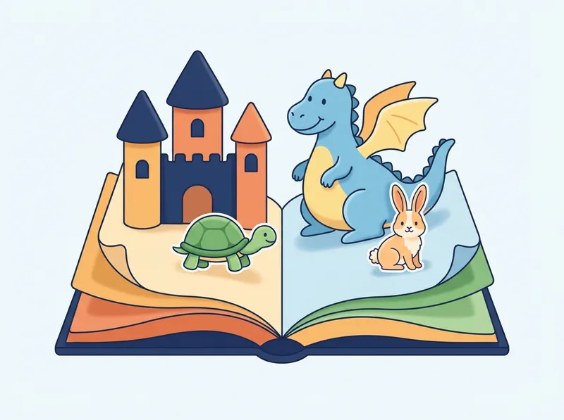 Literatur: Ein aufgeklapptes Pop-up-Buch mit Schloss, Drache, Schildkröte und Hase