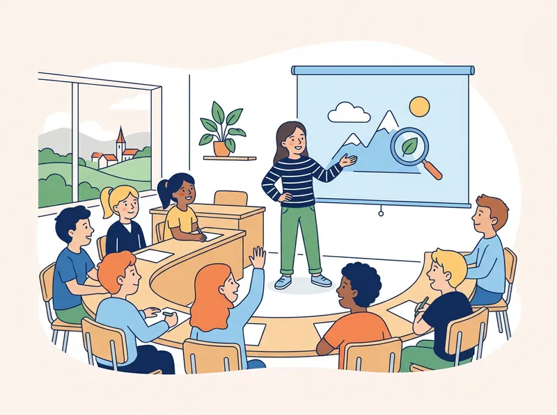 Sprechen: Eine Jugendliche präsentiert vor der Klasse mit einem Beamer-Bild