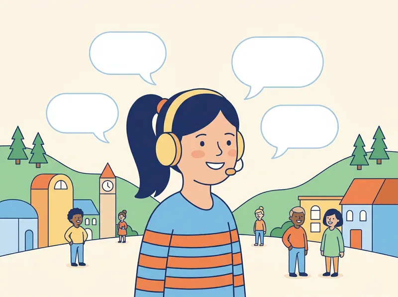 Aussprache und Rechtschreibung: Ein Mädchen spricht in ein Mikrofon, daneben schweben leere Sprechblasen