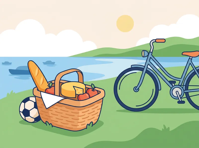 Wortschatz: Ein Korb mit Baguette, Käse und Äpfeln, daneben ein Velo und ein Fussball