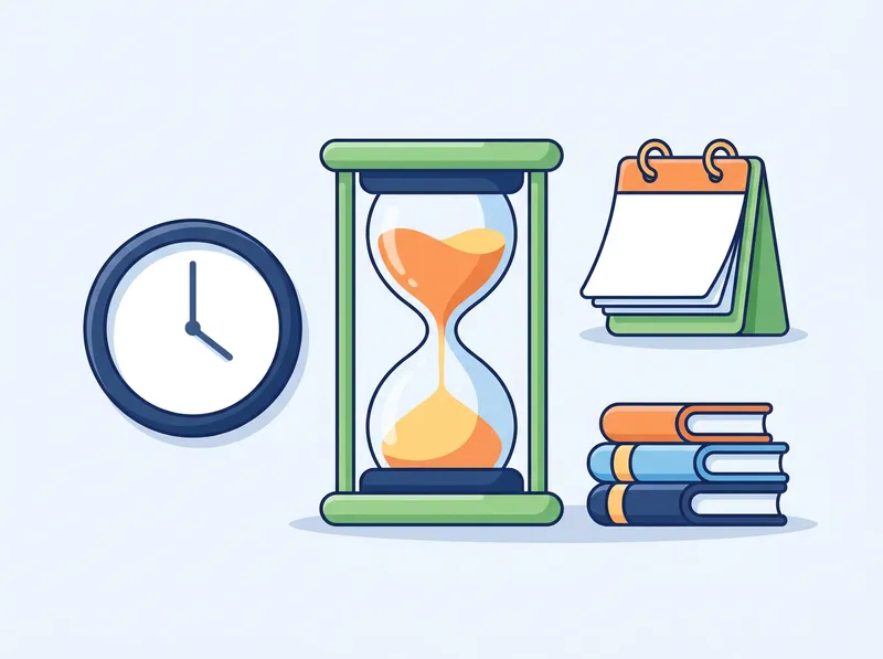 Zeitformen: Eine Sanduhr, eine Wanduhr und ein Kalender ohne Zahlen neben einem Stapel Bücher