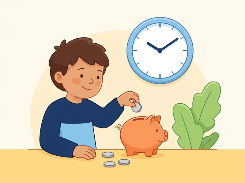 Grössen und Masseinheiten: Ein Kind mit Sparschwein, Münzen und einer grossen Wanduhr