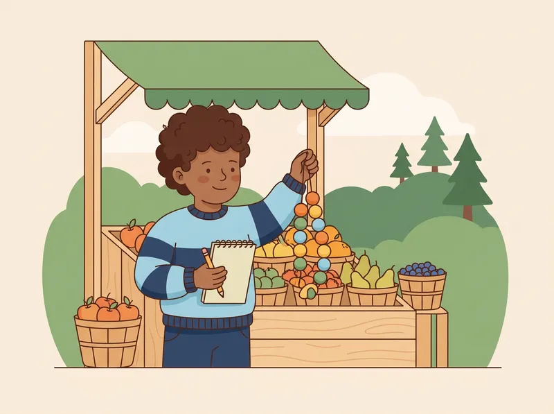 Sachaufgaben und Zahlenfolgen: Ein Kind am Marktstand mit Früchten, daneben eine Perlenkette mit einem Farbmuster