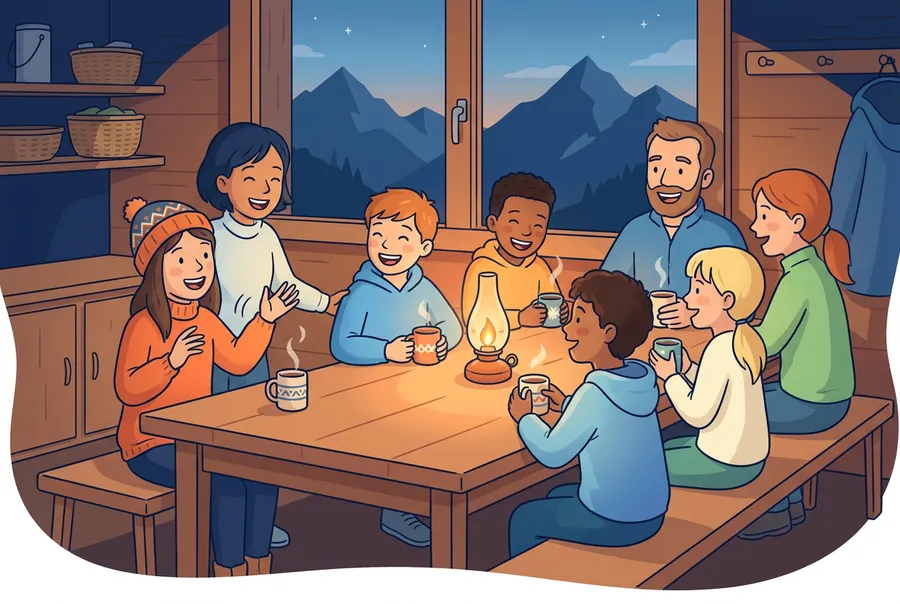 Im Klassenlager sitzen Jugendliche am Abend um einen Holztisch in einer Berghütte, ein Mädchen erzählt mit lebhaften Händen.
