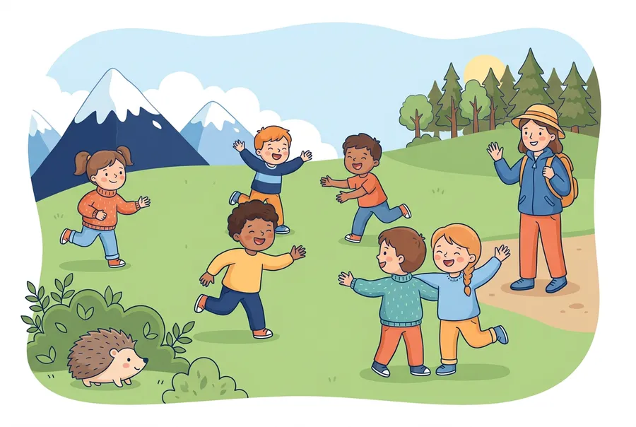 Eine Schulklasse spielt auf einer grossen Wiese Fangis, unter einem Busch im Vordergrund sitzt ein Igel.