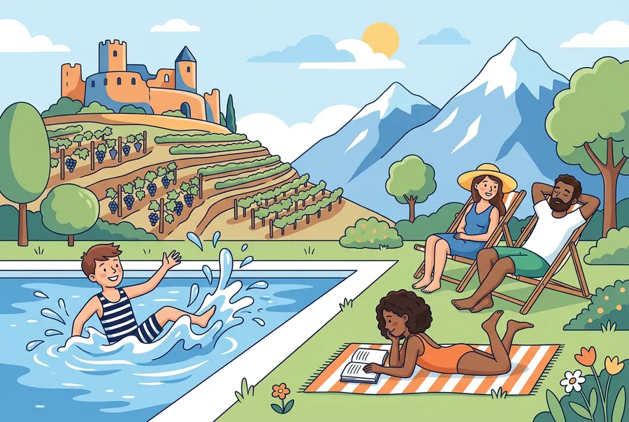Eine Familie in den Sommerferien im Wallis: Ein Junge planscht im Schwimmbad, ein Mädchen liest auf einem Liegetuch, dahinter Rebberge und Berge.