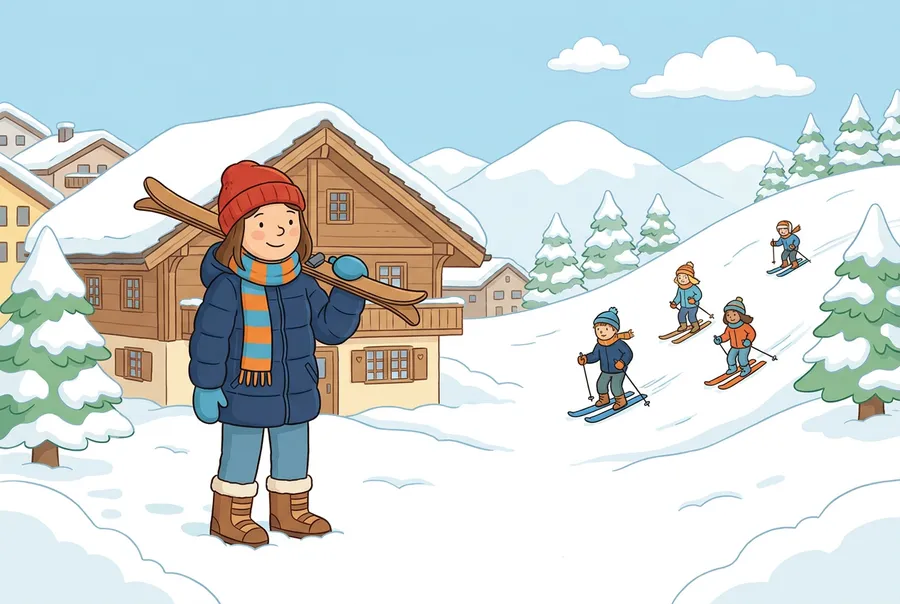 Ein Mädchen mit Mütze, Handschuhen und Schal steht lächelnd im Schnee vor einem Holzchalet, hinter ihm fahren Kinder Ski.