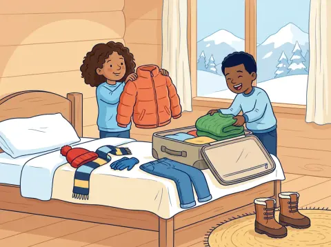Kleidung auf Französisch: Zwei Kinder packen in einem hellen Kinderzimmer Pullover, Mütze, Schal, Handschuhe und Stiefel in einen Koffer, draussen liegen verschneite Berge.