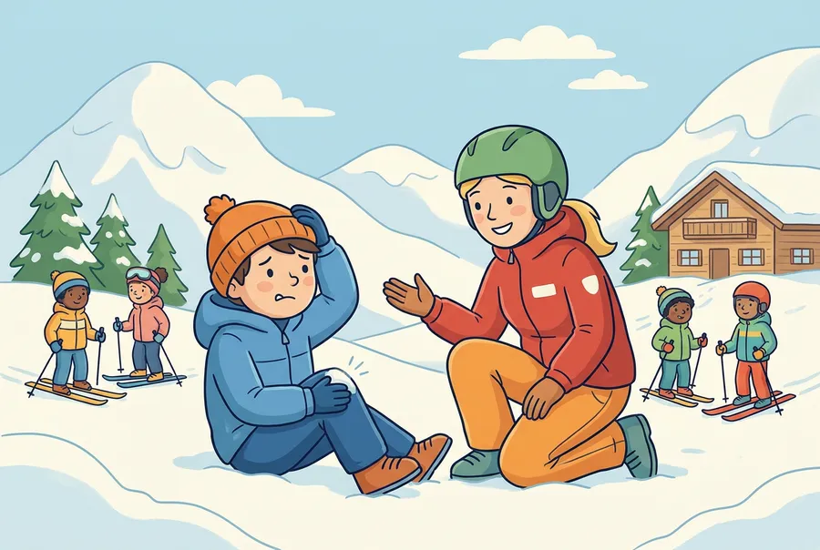 Ein Knabe sitzt im Schnee auf einer Skipiste im Wallis und hält sich das Knie, eine freundliche Skileiterin kniet neben ihm, hinten fahren Kinder Ski.
