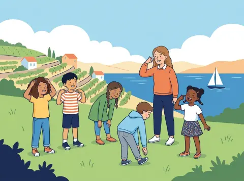 Körperteile auf Französisch: Kinder machen mit ihrer Lehrerin auf einer Wiese am Genfersee ein Bewegungsspiel: Sie fassen sich an den Kopf, an die Schultern, an die Knie und ans Ohr.