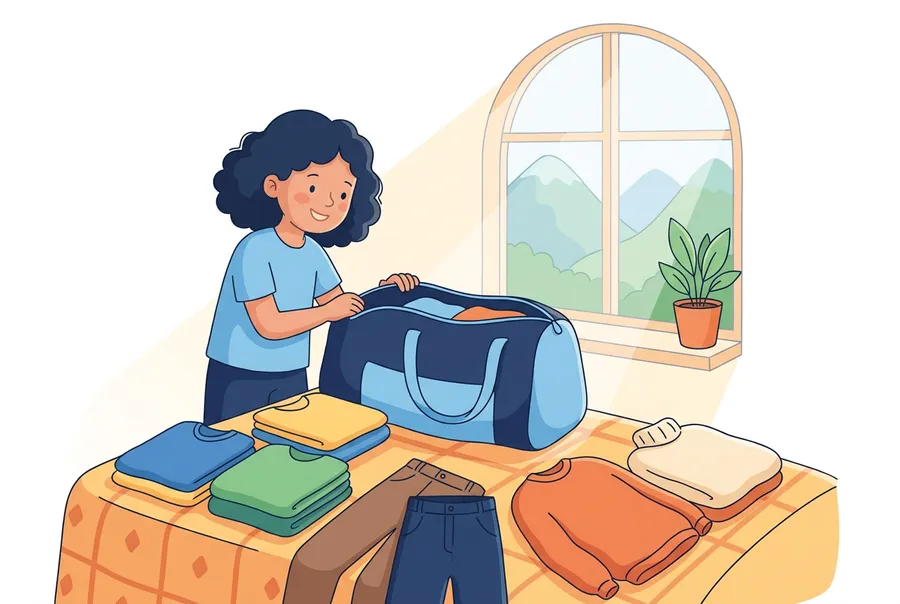 Ein Mädchen packt in seinem Zimmer T-Shirts, Hosen und Pullover in eine Reisetasche.